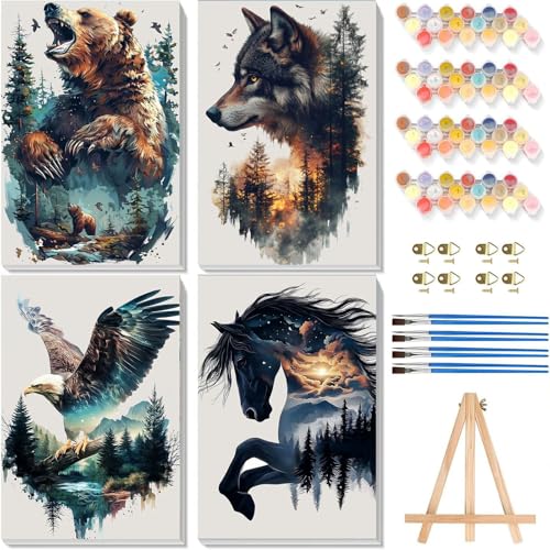 4 Pack Animals Paint by Numbers for Adults with Framed Canvas 8x12 inch - color: BKH2094+BKH2095+BKH2096+BKH2098