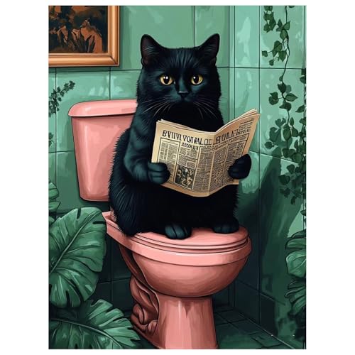 Black Cat Paint by Numbers Kit for Adults, 16x20 inch | DIY Painting Kits Crafts for Adults, Relieve Stress, Gift, Home Wall Decor - color: Cat on toilet