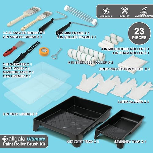 Allgala 23-Piece Ultimate Versatile DIY Decorating Painting Tool Kit with All You Need 9 Inch and 4 Inch Roller Kits - color: 23PC Ultimate