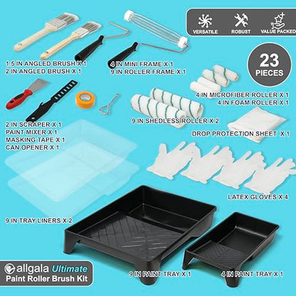 Allgala 23-Piece Ultimate Versatile DIY Decorating Painting Tool Kit with All You Need 9 Inch and 4 Inch Roller Kits - color: 23PC Ultimate