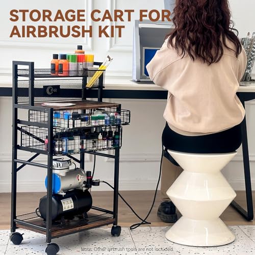 5 Tier Metal Airbrush Storage Cart for Air Compressor,Paint Supplies | 360° Lockable Wheels, 2 Drawers, Airbrush & Brush Holders Keep Compressors, Paints, & Tools Organized In One Workspace Cart