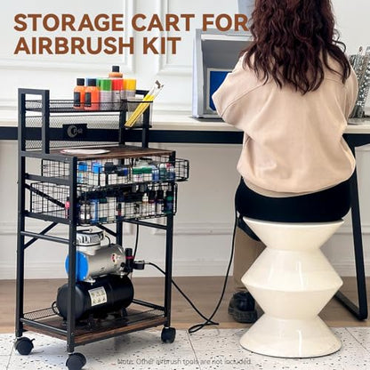 5 Tier Metal Airbrush Storage Cart for Air Compressor,Paint Supplies | 360° Lockable Wheels, 2 Drawers, Airbrush & Brush Holders Keep Compressors, Paints, & Tools Organized In One Workspace Cart