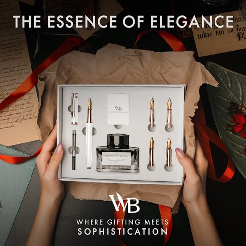 Wordsworth & Black Luxury Fountain Pen Set for Writing, 6 Nibs, White Rose | Fountain Ink Bottle, Cartridges & Refill Converter, Refillable, White, High End Gift for Men & Women, Journaling & Lettering - color: White Rose Gold