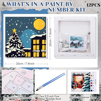Nezyo 12 Sets Paint by Numbers Kit with Frame for Adult, 8 X 8 Inch | Easy DIY Acrylic Painting for Beginners, Ideal Birthday Gift, Art Party Classroom Activity, Winter Holiday Themed Canvas - style: Winter