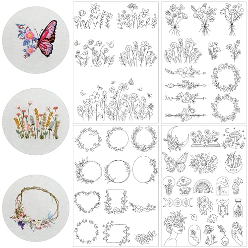 Stick & Stitch Embroidery Transfer Paper - Embroidery Paper Wash Away, 4 Sheet Water Soluble Stabilizer for Embroidery, Flower Frame Butterfly Mushroom Moon Arrow Flower, Hand Sewing Crafts - style: boho 1306