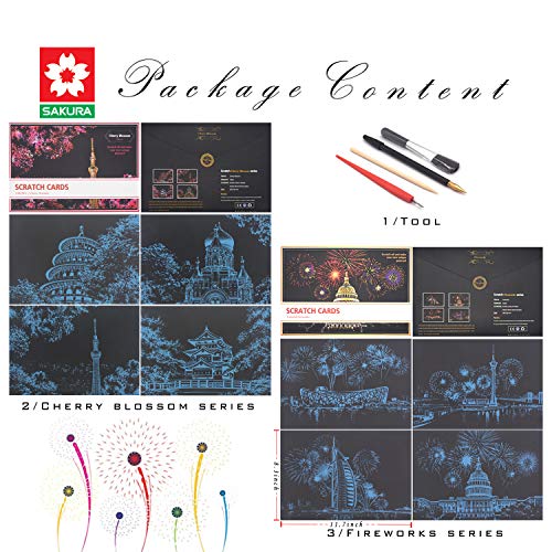 DESINIK Scratch Painting Art for Adults -Scratch Painting Foil Art for Adults, Scratchboard Set(A4) with 4 Tools & 8 Sheets,City Series Creative Gifts(Sakura) - color: Sakura