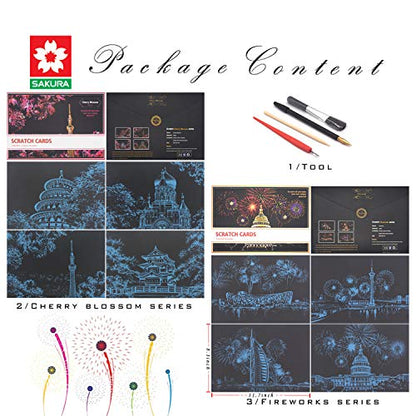 DESINIK Scratch Painting Art for Adults -Scratch Painting Foil Art for Adults, Scratchboard Set(A4) with 4 Tools & 8 Sheets,City Series Creative Gifts(Sakura) - color: Sakura
