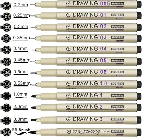 Drawing Pens Micro Fineliner Art Pens: 12 Black Fine Line Markers Art Supplies Adults Artist Sketch Waterproof Archival Ink Watercolor Inking Fine Liner Manga Sketching Zentangle Stuff Micron Pen Set
