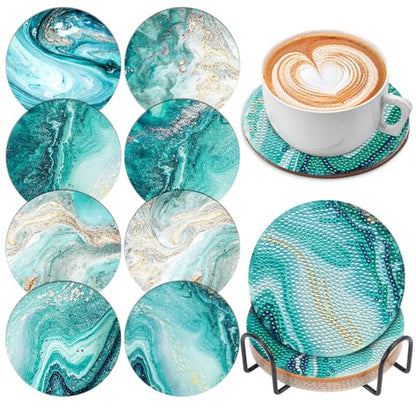 8 Pcs Ocean Diamond Art Painting Coasters with Holder, DIY Ocean Diamond Crafts Coasters for Adults, Diamond Art Painting Kits for Women, Beginners, Diamond Craft Supplies - color: Marble Ocean