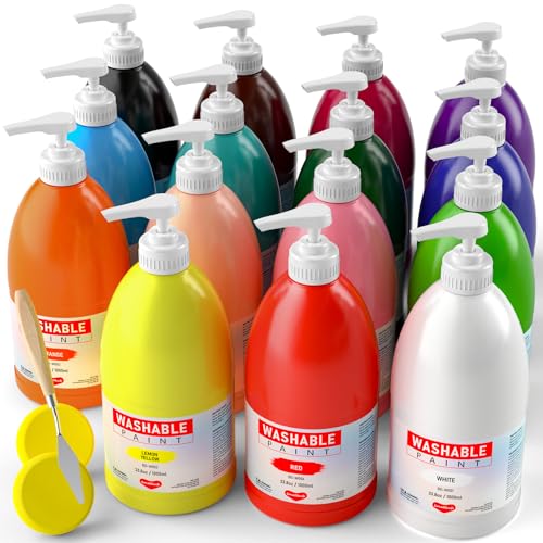 Smallbudi 15 Colors Large Washable Paint Set (33.8oz/ 1000ml), Bulk Acrylic Painting Supplies Non Toxic Tempera Paint for Kids Toddlers, Poster & Finger Paint for Art DIY Craft Classroom School Home-with Pump - color: 15 Colors, size: 33.8 Fl Oz (Pack of