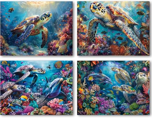 DOTSOPS 4 Pcs Marine Animal Diamond Painting Kits Art Adults Painting Kit | Crafts DIY 5D Diamond Art Packs Kits for Adults,Round Full Drill for Beginner,Home Wall Decoration Gift 11.8 x 15.7 Inches - color: Marine Animal