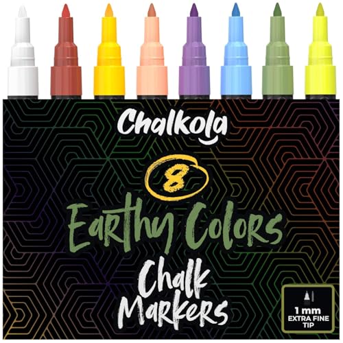 Chalkola 8 Liquid Chalk Markers, 1mm Extra Fine Tip for Chalkboard Signs | Washable Pastel Chalk Pens (8 Pack) for Blackboard, Window, Calendar, Bistro, Glass, Car - Erasable Ink Chalkboard Markers - size: Extra Fine Tip - 1mm