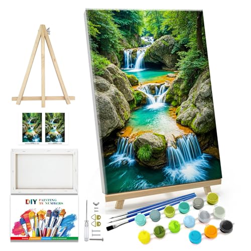 JOOZ Paint by Numbers Kit for Adults with Frame Waterfall 8x12 Inch | Paint by Number with Easel Mountain, Adult Paint by Number Kits Framed Canvas, DIY Oil Painting Kits for Gift, Home Decor - color: Forest 060