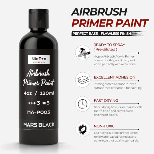 Nicpro Black Gray White Surface Primer Airbrush Paint with Airbrush Thinner - color: 3 Colors, size: 4.06 Fl Oz (Pack of 4)
