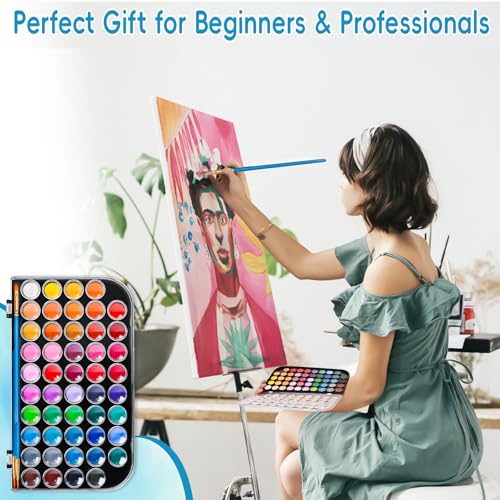48 Color Solid Watercolor Paint Set with 3 Wooden Brushes for Adults Kids