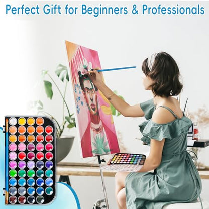 48 Color Solid Watercolor Paint Set with 3 Wooden Brushes for Adults Kids
