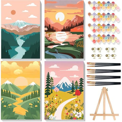 4 Pack Scenery Paint by Numbers for Adults with Frame Canvas - Wooden Easel - color: BKH2198+BKH2199+BKH2200+BKH2201