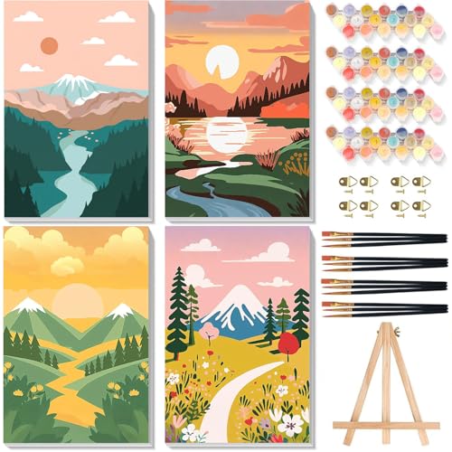 4 Pack Scenery Paint by Numbers for Adults with Frame Canvas - Wooden Easel - color: BKH2198+BKH2199+BKH2200+BKH2201
