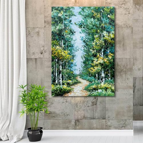 Alenoss Hand Painted Oil Painting on Canvas, Green Textured Wall Art | 28x40 inches Forest Painting for Living Room Bedroom - color: AL-B103