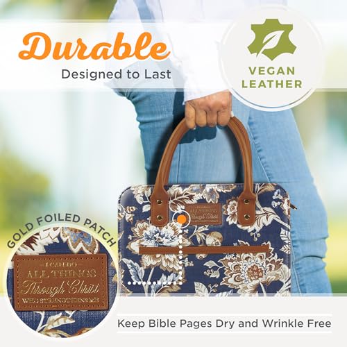 Christian Art Gifts Fashion Vegan Leather Purse Style Bible Cover Case for Women: All Things Through Christ Gold Inspirational Scripture, Pen Loops, Two Handles, Pockets, Navy & Brown Floral, Medium - size: Medium