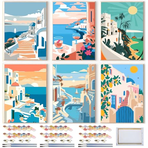 SYDYLH 6 Pack Paint by Numbers Kit for Adults Beginners,DIY Acrylic Painting Set for Seaside and City Landscapes on Canvas Framed, Adults Kids Paint by Numbers Kits for Home Wall Decor 8x12inch - color: Seaside And City Landscapes Paint By Numbers with Fr
