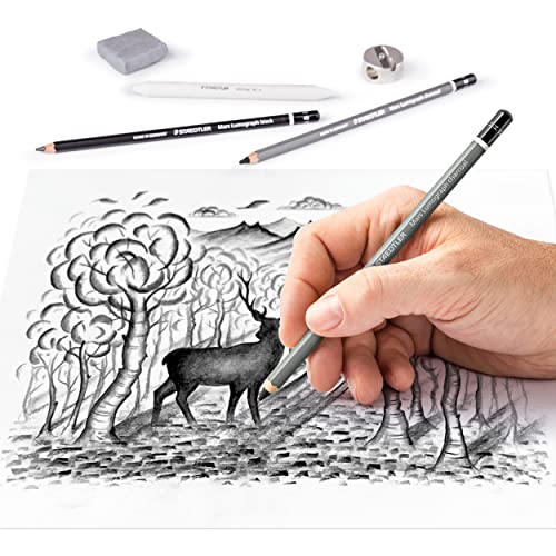 Staedtler Mars Lumograph Art Set | Drawing Kit with Charcoal and Graphite Drawing Pencils, Blending Stump, Kneadable Eraser and Dual Hole Sharpener 61 100C - style: Charcoal Set