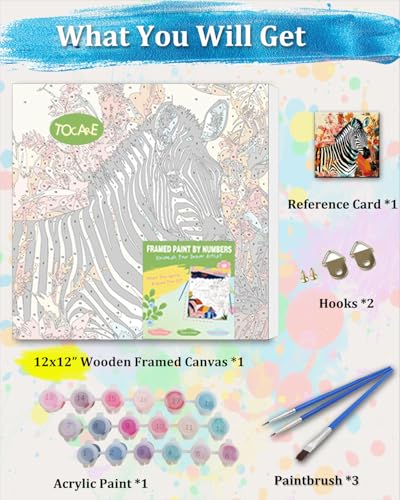TOCARE Framed Paint by Numbers Kit for Adults & Kids Ages 8-12, 12x12Inch Jungle Zebra Paint by Numbers with Frame, Wildlife Paint by Number Framed Canvas for Animal Lovers (Without Easel) - color: TC-F-369