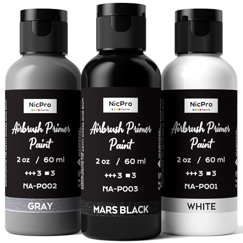 Nicpro Black, Gray, White Surface Primer Airbrush Paint (2oz), Matte Finish | Ready To Spray Air Brush Acrylic Primer Paints for Beginners & Artists Priming Plastic Models, Miniature, Figures, Crafts - color: 3 Colors, size: 2 Fl Oz (Pack of 3)