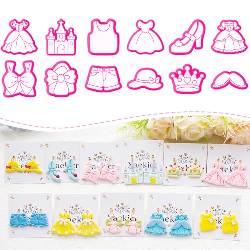 12-Piece Fashion & Castle Theme Clay Cutters Set - Princess Dress, Crown, Shoe & Castle Shape Craft Stencils for DIY Modeling Compound, Polymer Clay Art, and Earring Making Supplies - color: J color