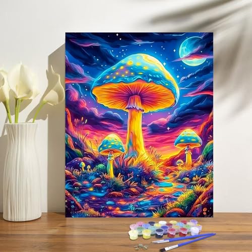 obterie Mushroom Paint by Numbers Kit for Adults Beginner Trippy Oil Painting Kit Adult Paint by Number Kits on Canvas DIY Painting for Beginners Art by Numbers for Gifts Home Wall Decor 16x20 Inch - color: YF024