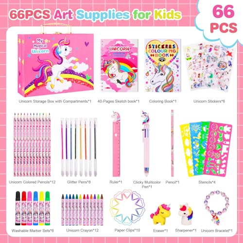 Art Supplies for Kids,66PCS Drawing Kits with Unicorn Storage Case for Girls Age 4-12,Art Case Coloring Sets,Crayon,Colored Pencils,Coloring Book Sketch Book Drawing Stuff,Gift Toys for Girls Age 5-10 - color: Pink