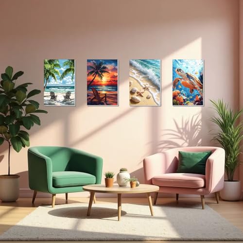 4 Pack Framed Paint by Numbers Kit for Adults Beginner Canvas Painting by Numbers for Adults Beach Easy Adult Paint by Number Kits with Frame Sea Turtle Watercolor Painting by Number 8x12 Inch - color: YFf0104