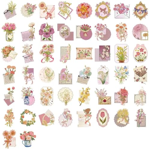 50Pcs Vintage Stickers,Waterproof Transparent PET Aesthetic Decorative Sticker Scrapbooking Supplies for Adult Card Making Letters Planner Journaling Junk Journal DIY Water Bottles Art Craft.Flowers - color: Flowers