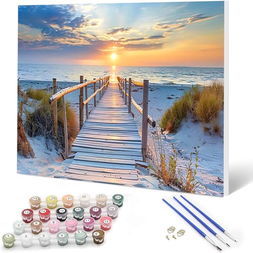 Auremi Beach Paint by Number Kits for Adults,Landscape Paint by Number on Canvas with Frame DIY Painting with Number Acrylic Oil Paint Kits for Home Decor 8x12 Inch - color: Paint by Number 100