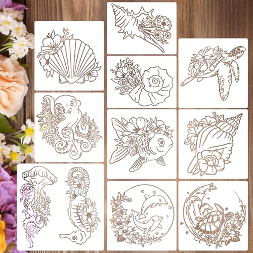 Sea Animal Stencils Reusable Turtle Shell Fish Stencil Jellyfish Octopus Dolphin Stencils for Painting on Wood Furniture Fabrics - style: Sea Animal