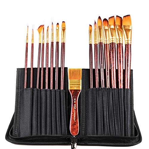 Transon 16pcs Professional Long Artist Paint Brush Set with Brush Case Assorted for Acrylic Watercolor Gouache Oil Tempera and Body Painting - color: 16 Pcs Brown