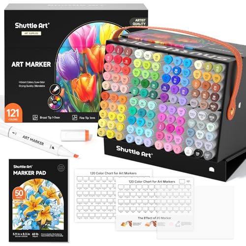 Shuttle Art 121 Colors Alcohol Markers, 120 Colors Dual Tip Art Marker Set Plus 1 Colorless Blender with Marker Case Perfect for Illustration Students Adult Coloring Sketching - color: 121 Colors