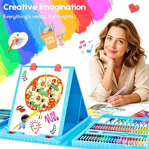 iBayam Art Kit, 251-Pack Art Supplies Drawing Kits, Arts & Crafts Gifts Box | Kids Teen Girls Boys, Art Set Case with Trifold Easel, Scratch Paper, Sketch Pad, Coloring Book, Crayons, Pencils, Watercolor - color: Blue