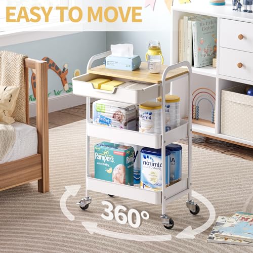 TOOLF 3-Tier Metal Utility Rolling Cart with Drawer and Wooden Table Top, Storage Cart White Trolley Kitchen Organizer Rolling Desk with Locking Wheels for Office, Classroom, Home, Bedroom - color: Light Color