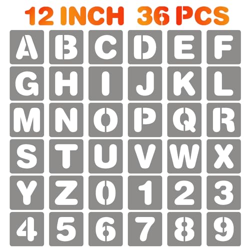 BAMIDELE 12 Inch Letter and Number Stencils, 36 Pcs Reusable Plastic Alphabet Spray Paint Stencils for Painting on Wood, Wall, Fabric, Rock, Chalkboard, Door Porch, Signage, DIY Craft Decoration - size: 12 Inch