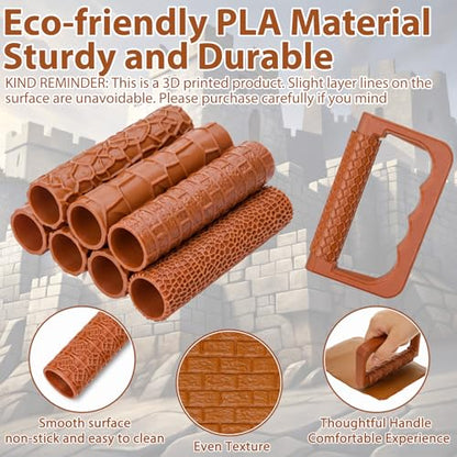 Leriton 9 Pcs Clay Texture Roller Set with Handle, 8-Pattern 3D-Printed Miniature Texture Rollers for Clay, Miniatures, Tabletop, Pottery (Terrain) - style: Terrain