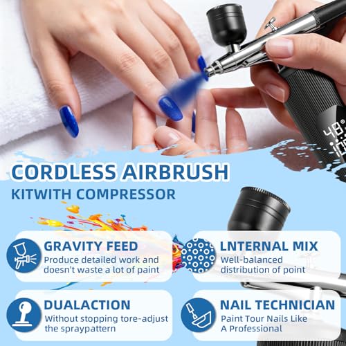 Airbrush Kit with Compressor, Cordless Airbrush for Nails | 6000mAh 48PSI High Pressure, 3-Speed Dual-Action, 0.2/0.3/0.5mm Nozzle & 3 Cups, Non-Clogging for Nails Cake Decor Makeup