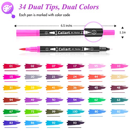 Caliart 34 Double Tip Brush Pens Art Markers for Adult Coloring Books | Artist Fine & Brush Coloring Markers for Journaling Calligraphy Lettering Planners Drawing Teacher Office Art Supplies - color: Black, size: 1 Count (Pack of 34)