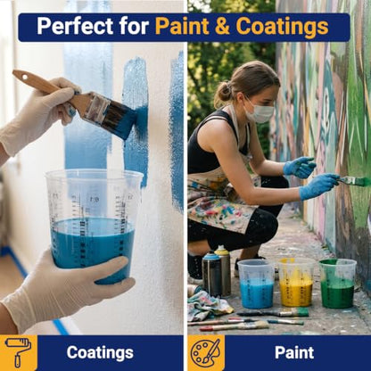 12 Pack 64oz 1900ml Clear Plastic Paint Mixing Cups with 12 Stir Sticks - Disposable Graduated Measuring Cups for Paint, Resin & Epoxy with ML Scale & 3-Column Ratios (1:1-7:1) for DIY Crafts - size: 64oz / 1900ml