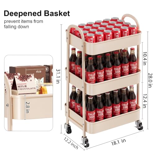 Beige 3 Tier Rolling Cart Metal on Wheels, Three Tiered Storage Organizer Utility Trolley with Wheels for Art, Craft, Baby Diaper Caddy, Snack, Book, Nail, Lash, Cleaning Supplies, Kitchen, Bathroom - color: Light Beige
