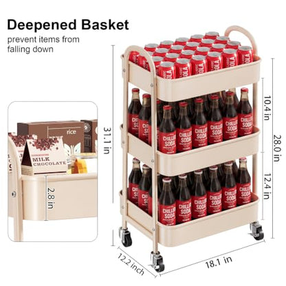 Beige 3 Tier Rolling Cart Metal on Wheels, Three Tiered Storage Organizer Utility Trolley with Wheels for Art, Craft, Baby Diaper Caddy, Snack, Book, Nail, Lash, Cleaning Supplies, Kitchen, Bathroom - color: Light Beige