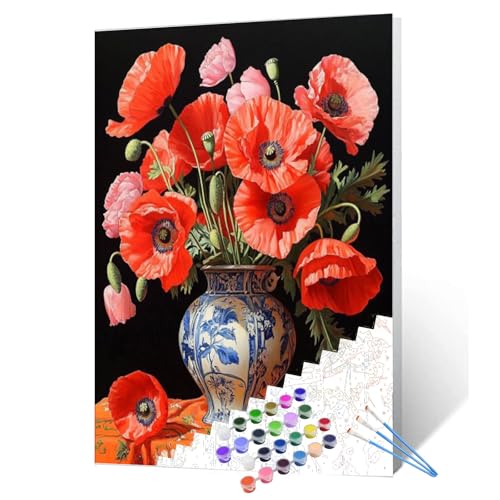 Tucocoo Red Poppys DIY Paint by Numbers for Adults Red Flowers in Vase DIY Oil Painting Kits Canvas with Acrylic Paint Floral Plant Art 16x20 Inch （DIY Frame ） - color: Red Flower in Vase 07, size: 16''x20''(DIY Frame)