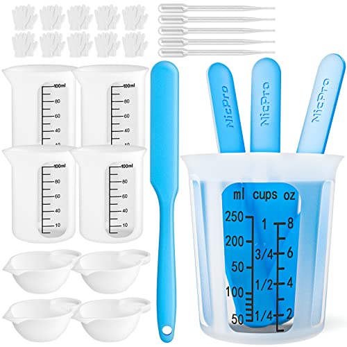 Silicone Resin Measuring Cups Tool Kit- Nicpro 250 & 100 ml Measure Cups, Silicone Popsicle Stir Sticks & Spatula, Pipettes, Gloves for Epoxy Resin Mixing, Molds, Jewelry Making, Waxing, Easy Clean - color: Black, size: 250ml+100ml
