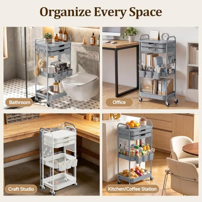 3 Tier Rolling Cart with 2 Drawers, Metal Utility Storage Carts with Wheels | Kitchen Rolling Cart 4.5" Deep Basket, Mesh Side Panel with 3 Cups, 4 Hooks for Office, Bedside, Craft Storage Cart - color: Dark Dray