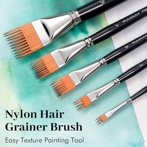 Fuumuui Grainer Brush Set–5pcs Professional Flat Comb Brushes for Unique Texture Painting Perfect for Artists Acrylic, Watercolor and Oil - style: Flat